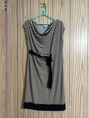 Motherhood Navy and White Striped Midi Dress with Waist Tie